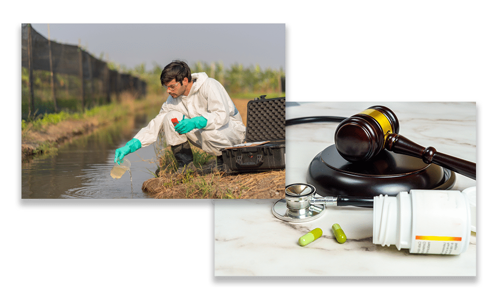 Image of scientist teting water source and a photo of gavel and pills.