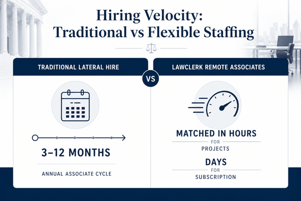 Infographic comparing traditional lateral hiring timelines to LAWCLERK remote associate staffing speed