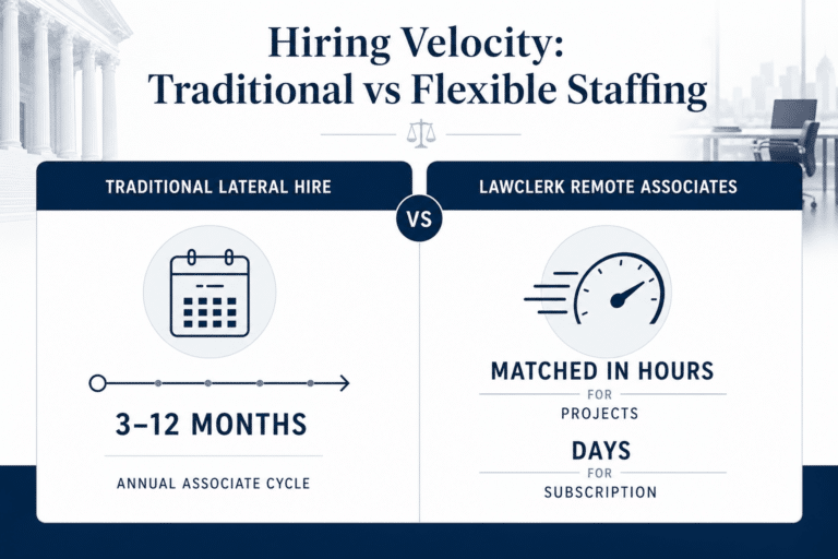 Infographic comparing traditional lateral hiring timelines to LAWCLERK remote associate staffing speed