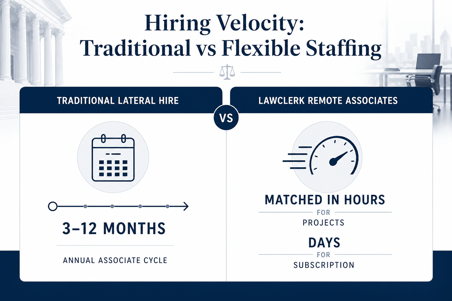 Infographic comparing traditional lateral hiring timelines to LAWCLERK remote associate staffing speed