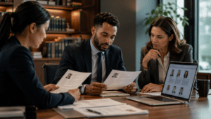 Mid-size law firm hiring team reviewing attorney resumes and profiles in a modern office, illustrating the 2026 legal talent shortage