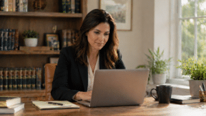 Freelance lawyer working remotely on legal research and drafting at a clean home office desk with a laptop and notepad