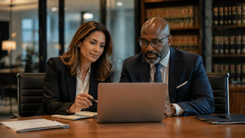 Law firm leaders reviewing attorney candidate profiles on a laptop in a modern conference room — making strategic associate hiring decisions