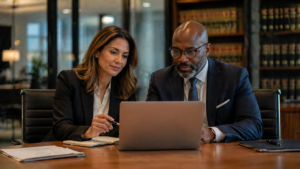 Law firm leaders reviewing attorney candidate profiles on a laptop in a modern conference room — making strategic associate hiring decisions