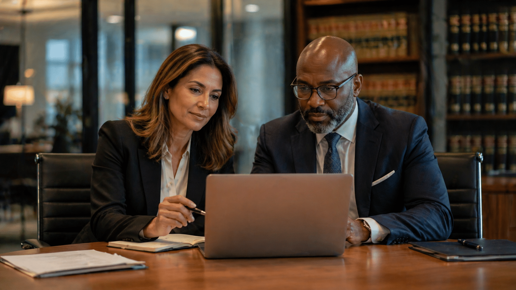 Law firm leaders reviewing attorney candidate profiles on a laptop in a modern conference room — making strategic associate hiring decisions